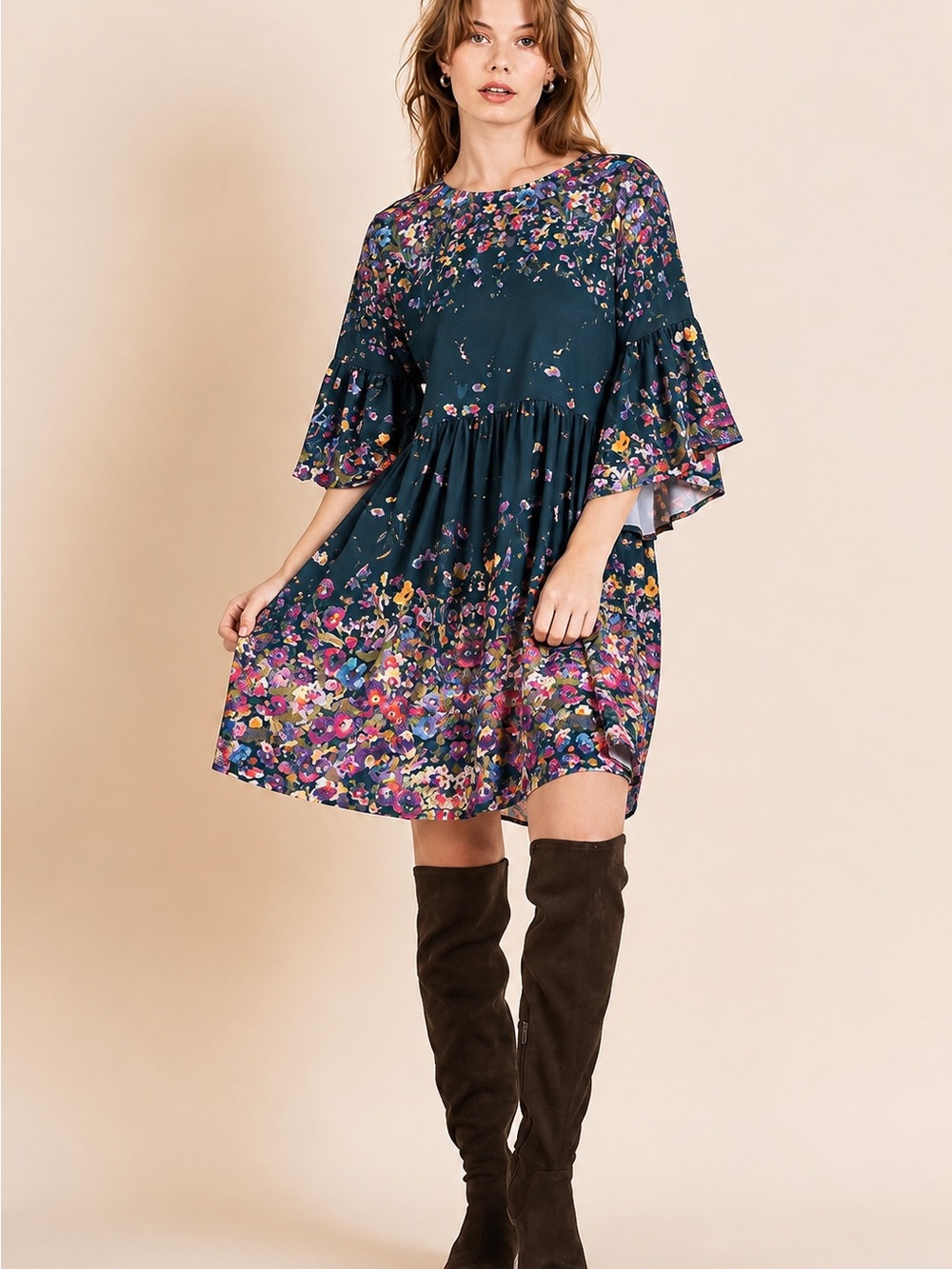Umgee Teal Floral Bell Sleeve Tiered Babydoll Mini Dress